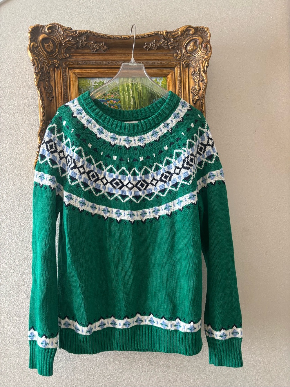 J. Crew Green Fair Isle Crewneck Sweater with White and Blue Pattern